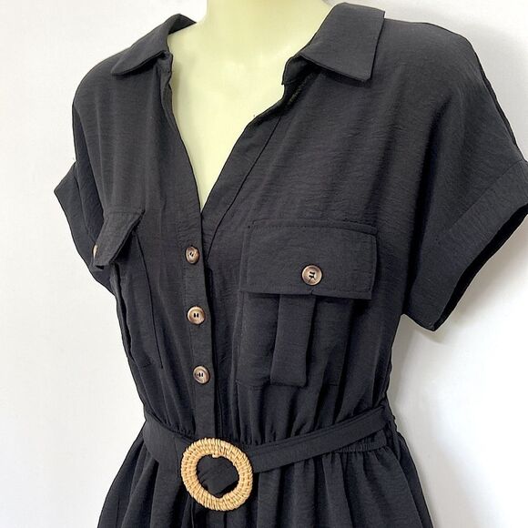 Blu Pepper Mine Black Dress Button Front Matching Belt Midi NWT Sz Medium - Picture 5 of 9